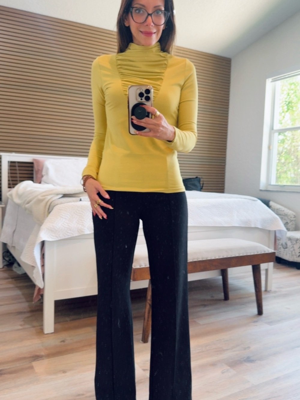 SHEIN Yellow Ruched Mock Neck Long Sleeve Top - Picture 1 of 7